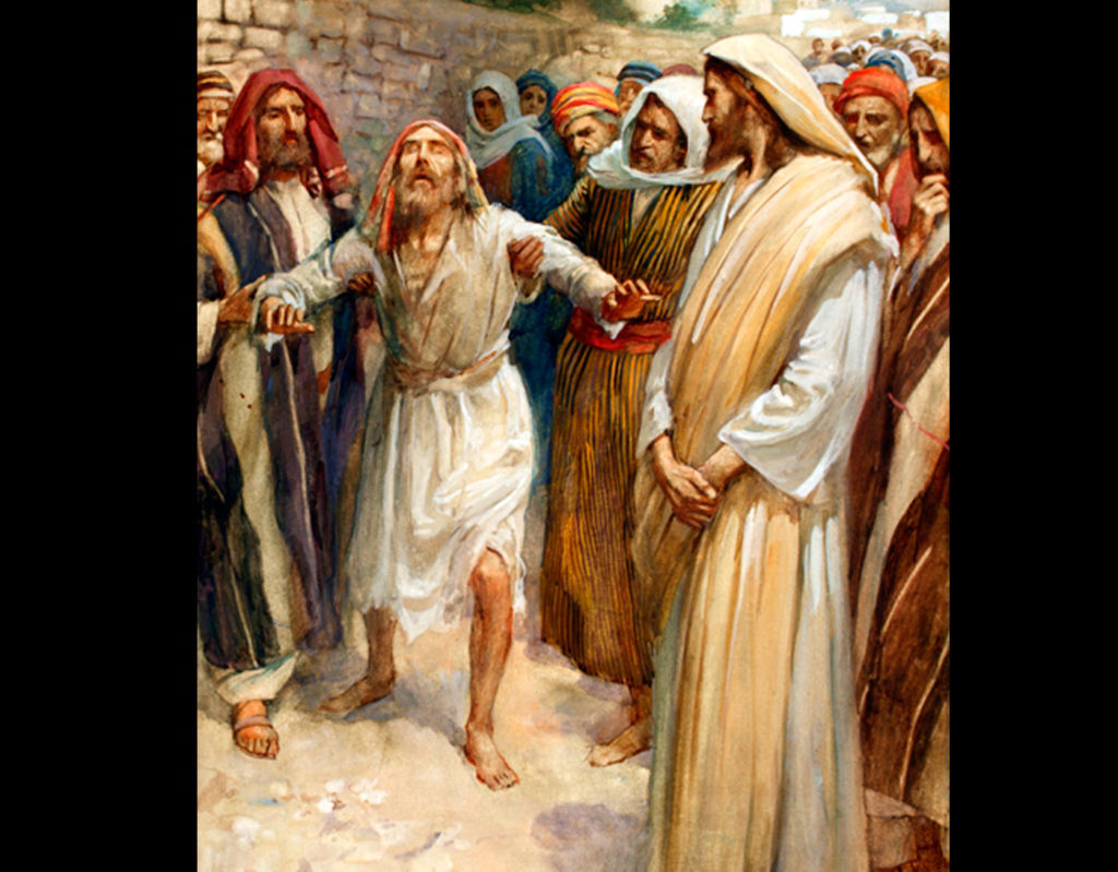 Utanför Jeriko ska han ha gett en blind tiggare vid namn Bartimaios synen tillbaka. Illustration: HAROLD COPPING
