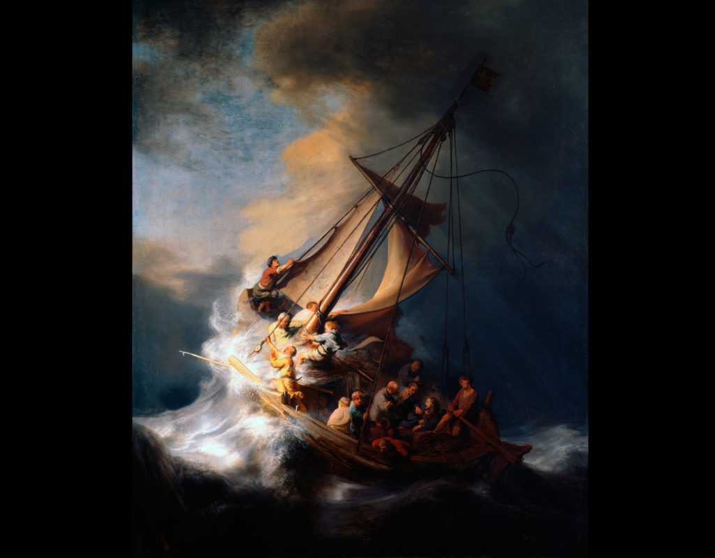 Under en storm på Galileiska sjön ska Jesus ha förhindrat att hans båt förliste genom att få vinden att sluta blåsa. Illustration: REMBRANDT 
